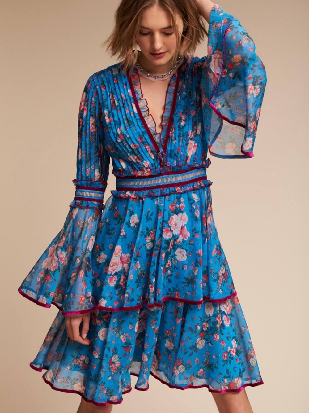 Anthropologie Bright Blue Floral Tiered Ruffle Dress